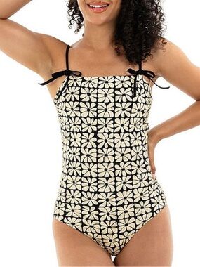 NEW Janela Bay Shoulder Tie Cream Black Square Floral One Piece Swimsuit